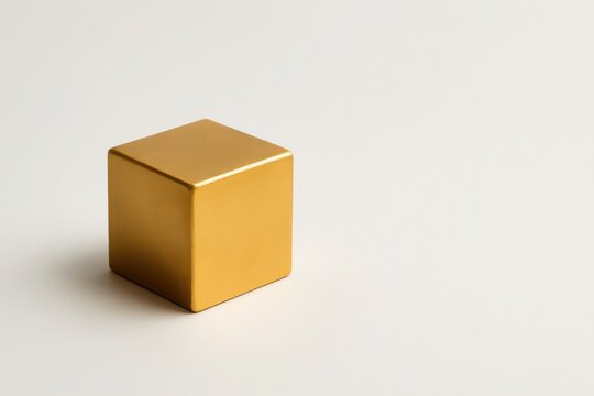 Minimalist gold cube on beige surface ideal for branding mockups product packaging visuals and geometric concept designs