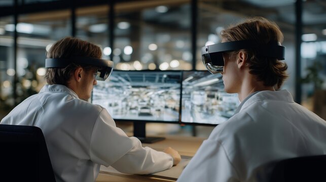 Futuristic industrial lab with engineers adjusting virtual assembly line simulations, symbolizing digital twin technology, robotics programming, and efficient automated production workflows. - Powered by Adobe