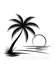 Silhouette Palm Tree Sunset Vector Minimalist Tropical Beach Scene Outline Art Vacation Travel Graphic Design Element