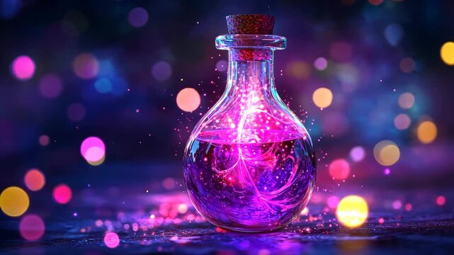 Magical potion bottle glowing with sparkles and colorful bokeh lights