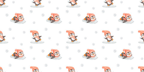 Seamless watercolor pattern with cute penguin. Endless background for kids. Penguin on white backdrop.