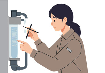 A professional woman inspects a water filter with a test strip, focused and attentive. Clean, modern illustration style.