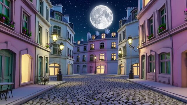 Rue urbaine 3D sous la pleine lune, architecture pastel stylis&eacute;e