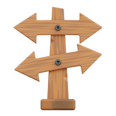 Rustic wooden directional signpost with two arrow shaped boards pointing in opposite directions on a transparent background