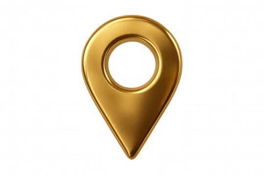 Golden location pin icon rendering. Identifying destination, navigation, and searching maps data points