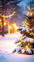 Fototapeta premium A decorated evergreen tree on a snowy evening with festive lights glowing