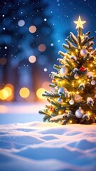 Fototapeta premium A glowing Christmas tree with a star sits in a snowy landscape with bokeh lights