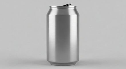 A single, unopened, silver aluminum can stands upright against a plain, light gray background. The can is sleek and modern.