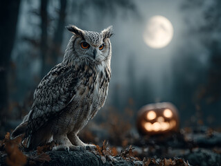 Owl near a carved glowing jack-o'-lantern with full moon behind. Halloween