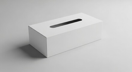 A clean, white tissue box, displayed on a neutral, light gray surface, with a shadowed effect.