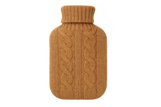 Hot water bottle with knitted wool cover providing warmth