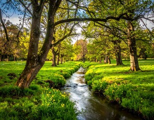 Fototapeta premium Scenic view of a flowing stream through a sun-dappled, verdant meadow, framed by large trees