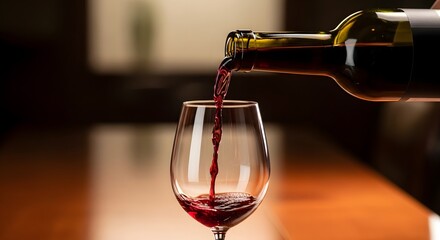 Red Wine Pouring into Glass from Green Bottle with Blurred Background
