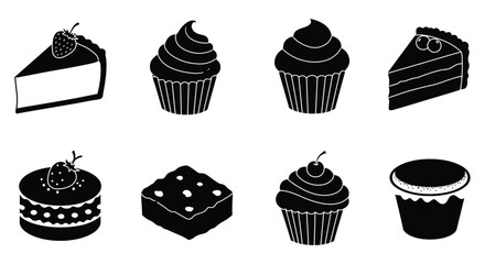 Black and white silhouettes of various dessert items displayed neatly