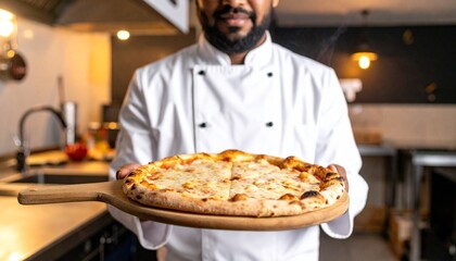 Chef serves freshly baked, bubbly cheese pizza on a wooden peeler