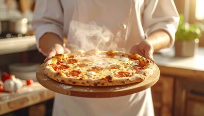 Chef with hot pepperoni pizza fresh out of the oven