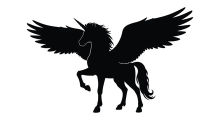A majestic black silhouette of a winged unicorn in mid stride © Taylor