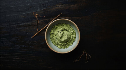 A small ceramic bowl filled with fine green powder placed on a dark wooden surface
