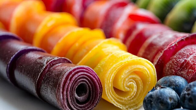 Colorful fruit roll ups and blueberries in vibrant, fun patterns and textures in a creative arrangement