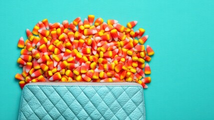 Vintage candy corn concept, Colorful candy corn spilling from a quilted bag against a bright blue background.