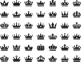 Crown Icons Set – Royal Vector Collection of King and Queen Crowns, Luxury Silhouette, Monochrome Symbol Design, Elegant Emblem Art