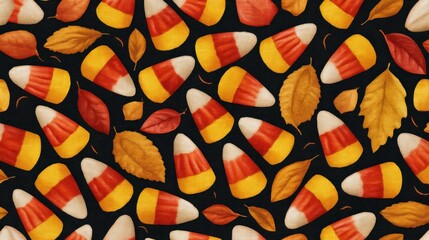 Vintage candy corn concept, Colorful candy corn and autumn leaves on a dark background create a festive design.