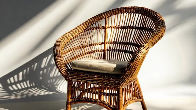 Sunlit wicker chair casting intricate shadows in natural light