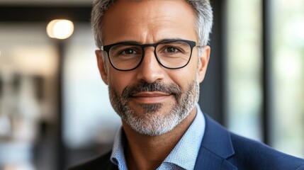 Fototapeta premium Confident senior businessman in glasses, smiling thoughtfully in modern office setting.