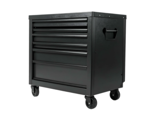 A sturdy, black metal tool chest with multiple drawers and rolling wheels on a dark background
