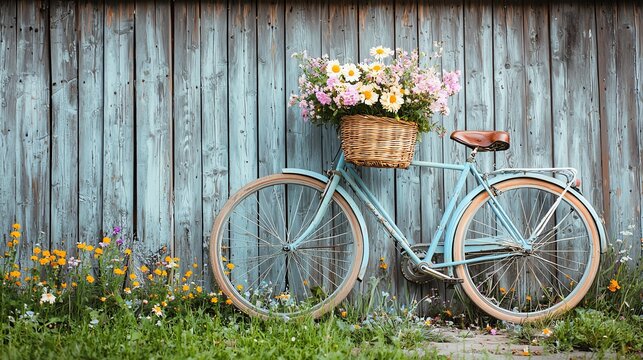 Rustic Bicycle with Floral Bouquet: A charming vintage bicycle adorned with a woven basket overflowing with fresh flowers, positioned gracefully against a weathered blue wooden fence.