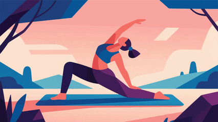 Illustration Of Yoga Practitioner Holding A Complex Pose Outdoors, With Serene Expression And Flexibility Vector Design Template