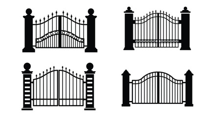 Black and white illustration of ornate wrought iron gates in varied designs