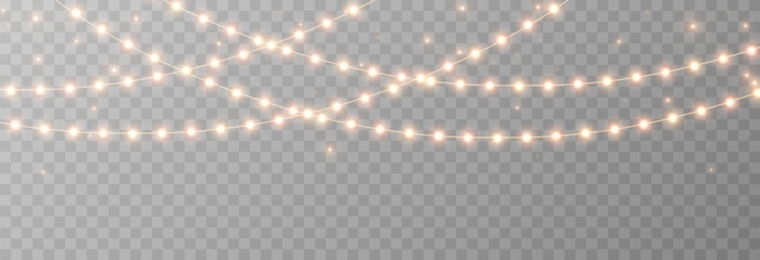 Christmas garland png. Bright Christmas golden lights. Christmas decoration for holiday design.
