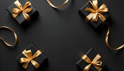 Elegant black gift boxes with golden ribbons arranged on a dark background, creating a luxurious and festive presentation.