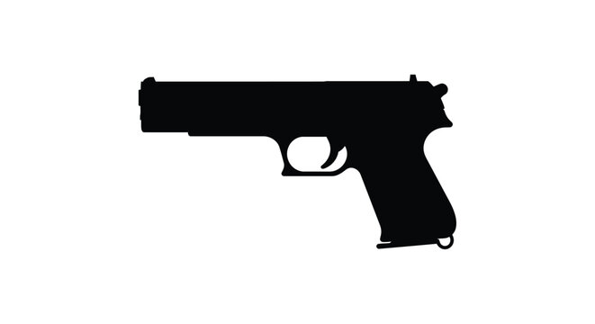 A stark silhouette of a handgun against a plain white background