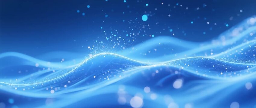 abstract blue winter background with light snowflakes and waves