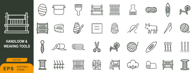 Handloom & Weaving Tools Icon Set – 36 Line Style Symbols for Textile Craft, Looms, and Traditional Fiber Work
