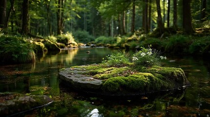 Serene forest stream with a flat moss-covered stone in the center, clear gently flowing water, dappled sunlight through trees, peaceful, harmonious, and natural scene.