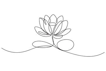 Continuous one line drawing of lotus flower in minimal modern style symbolizing peace, purity and mindfulness on white background
