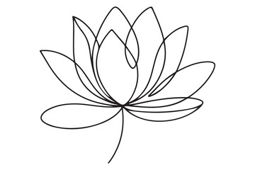 Continuous one line drawing of lotus flower in minimal modern style symbolizing peace, purity and mindfulness on white background
