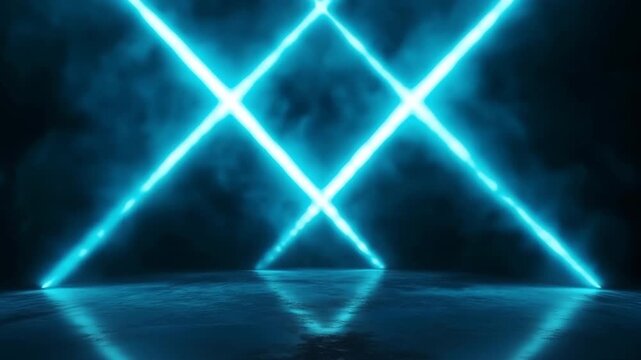 Blue Laser Cross Beams In Foggy Room Over Reflective Floor. Futuristic Stage Light Concept