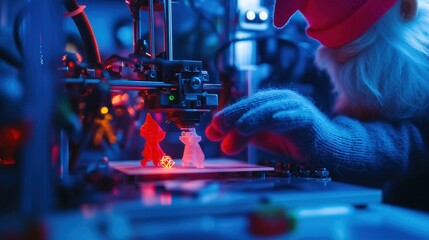 3D printing Christmas figures.Close-Up of 3D Printer Creating Christmas Decorations with Santa Claus Figure in Background Representing Modern Technology, Holiday Creativity and Additive Manufacturing