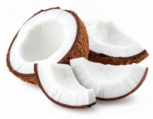 Close-up of fresh coconut halves and slices, highlighting the natural texture and tropical appeal on a white background.