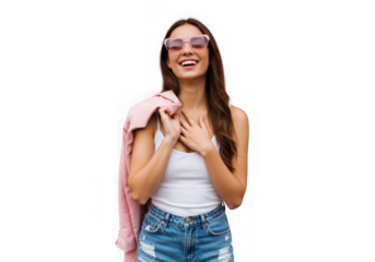 Young woman laughing wearing pink glasses and denim shorts isolated on transparent background
