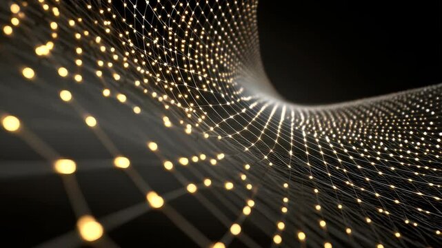 Abstract digital network with glowing nodes and connecting lines forms a dynamic wave pattern in a dark space. Futuristic visualization of data flow and technology innovation concept