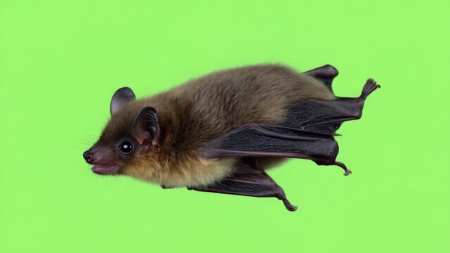 Close up of a brown bat with dark wings against a green background in a studio setting bat green screen video