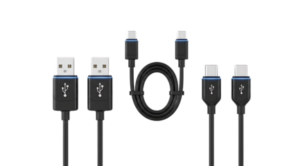Assortment of modern usb charging and data transfer cables isolated on transparent background