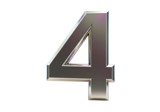 Isolated Number 4, Shiny Chrome Metallic Figure - Graphic Resource for Numerals, Design Elements