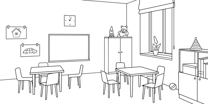 Preschool classroom graphic black white interior sketch illustration vector 