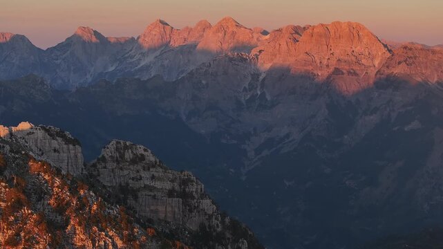 Aerial view of the Albanian Alps and Valbon&euml; Valley in northern Albania